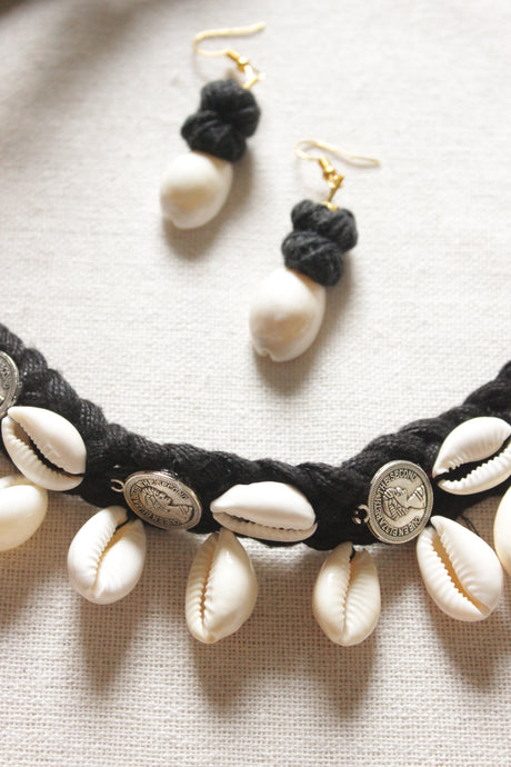 Black Braided Fabric Threads Choker Necklace Set with Shells and Stamped Coins