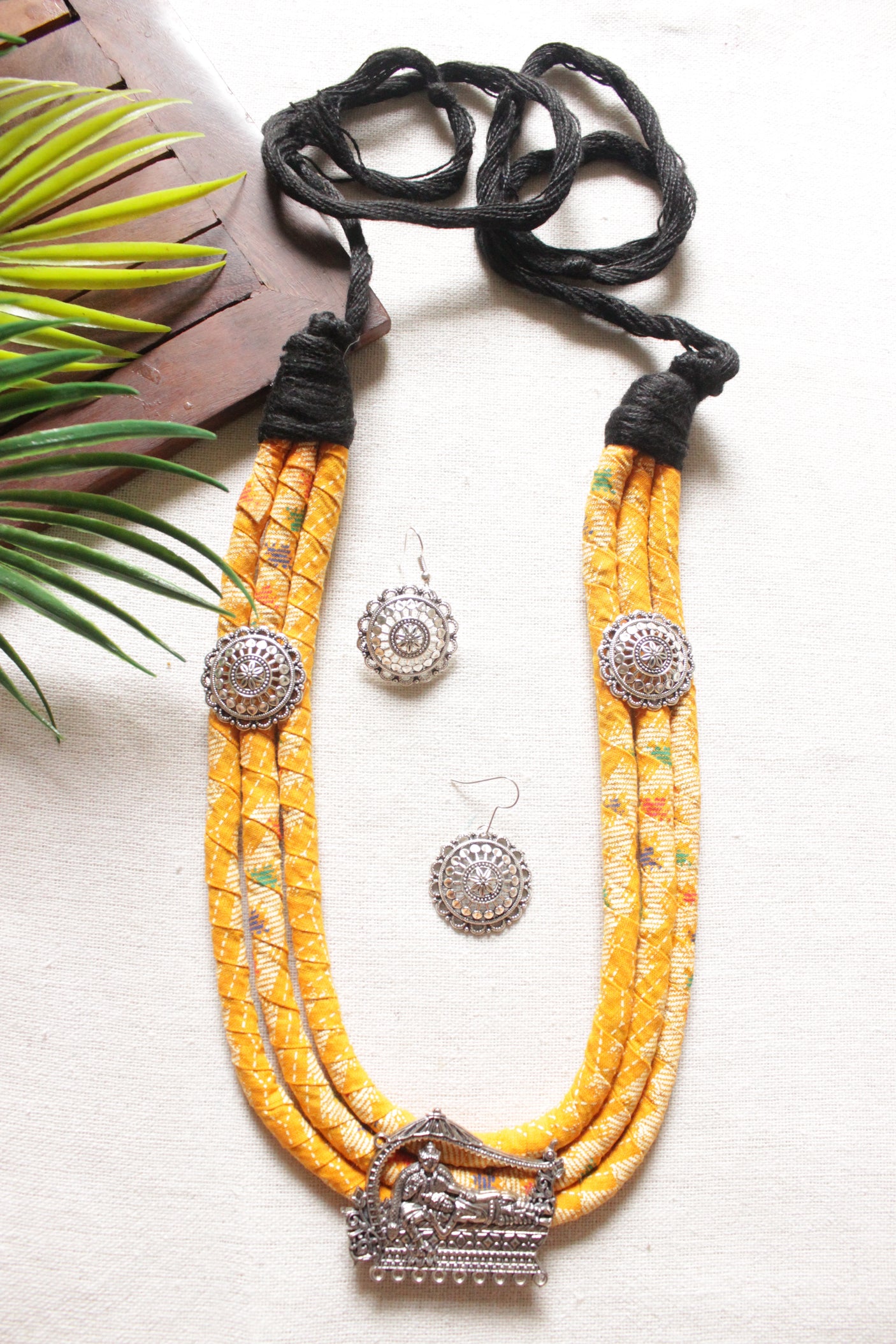 3-Layer Yellow Fabric Wrapped Around Rope Necklace Set Embellished with Metal Charms