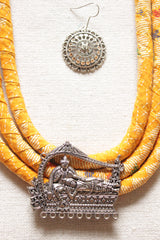 3-Layer Yellow Fabric Wrapped Around Rope Necklace Set Embellished with Metal Charms