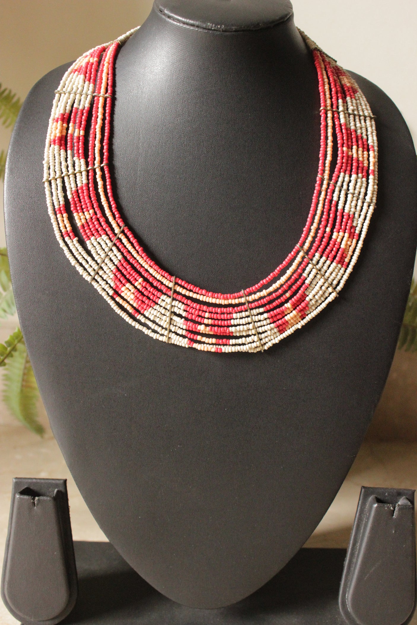 Beige and Red Beads Hand Braided Beaded Necklace