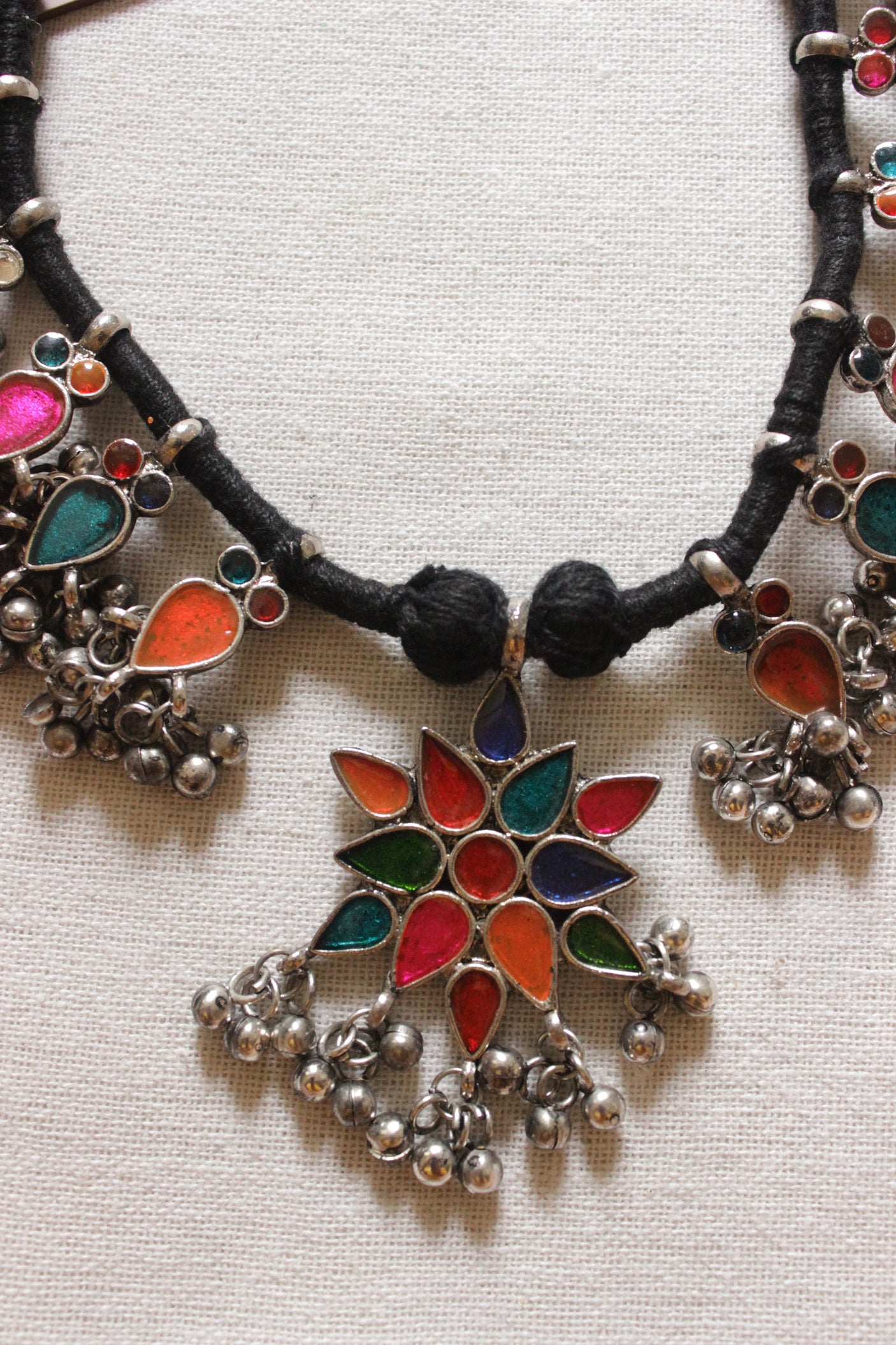 Multi Color Oxidised Finish Afghani Charms Braided in Black Threads Necklace