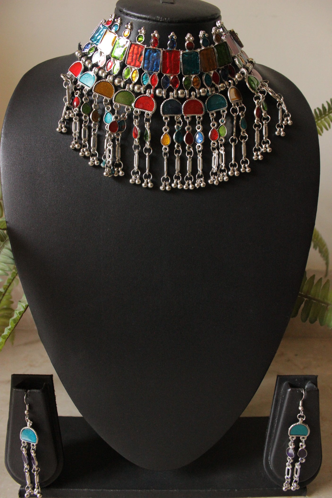 Bright Multi Color Enamel Painted Afghani Adjustable Length Choker Necklace Set