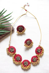 Kundan Stones Embellished Red Fabric Gold Toned Choker Necklace Set