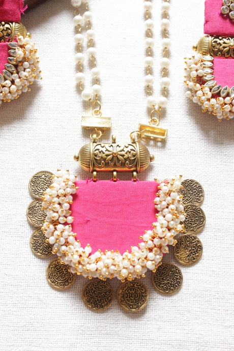 Pink Fabric & White Pearl Beads Matt Gold Finish Vibrant Necklace