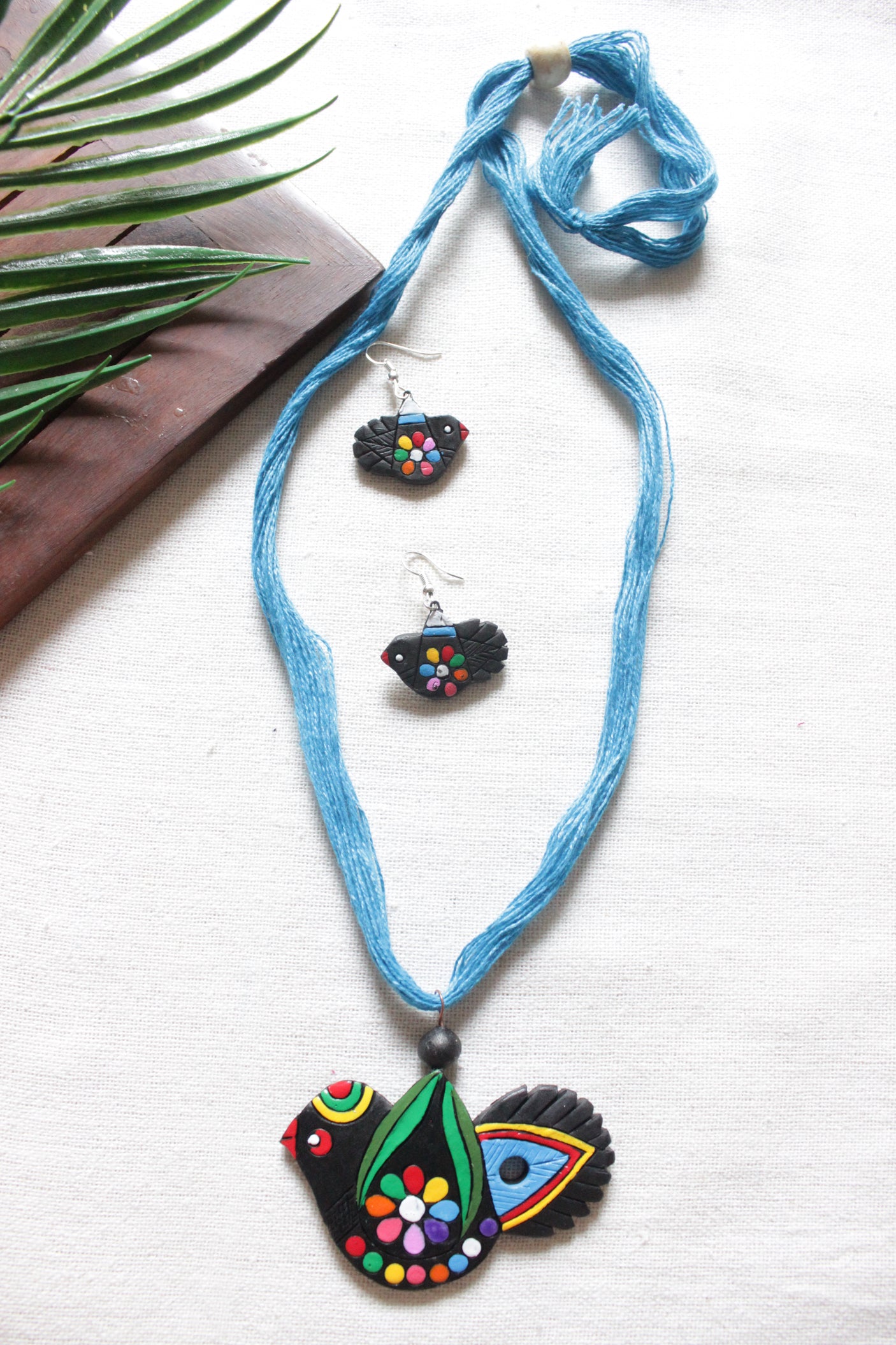 Handcrafted Terracotta Clay Bird Pendant Adjustable Length Necklace Set