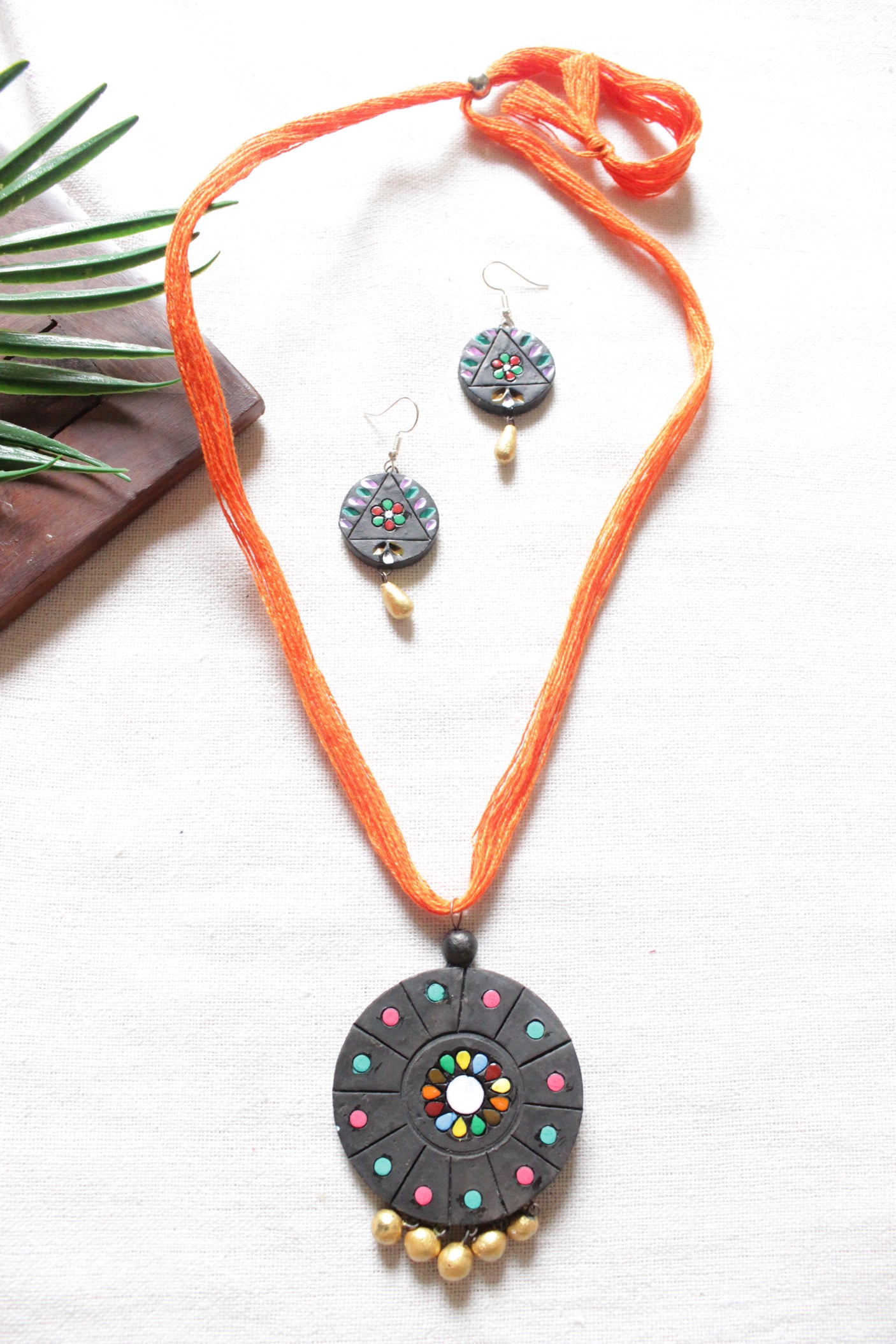 Handcrafted Matt Black Terracotta Clay Adjustable Length Necklace Set