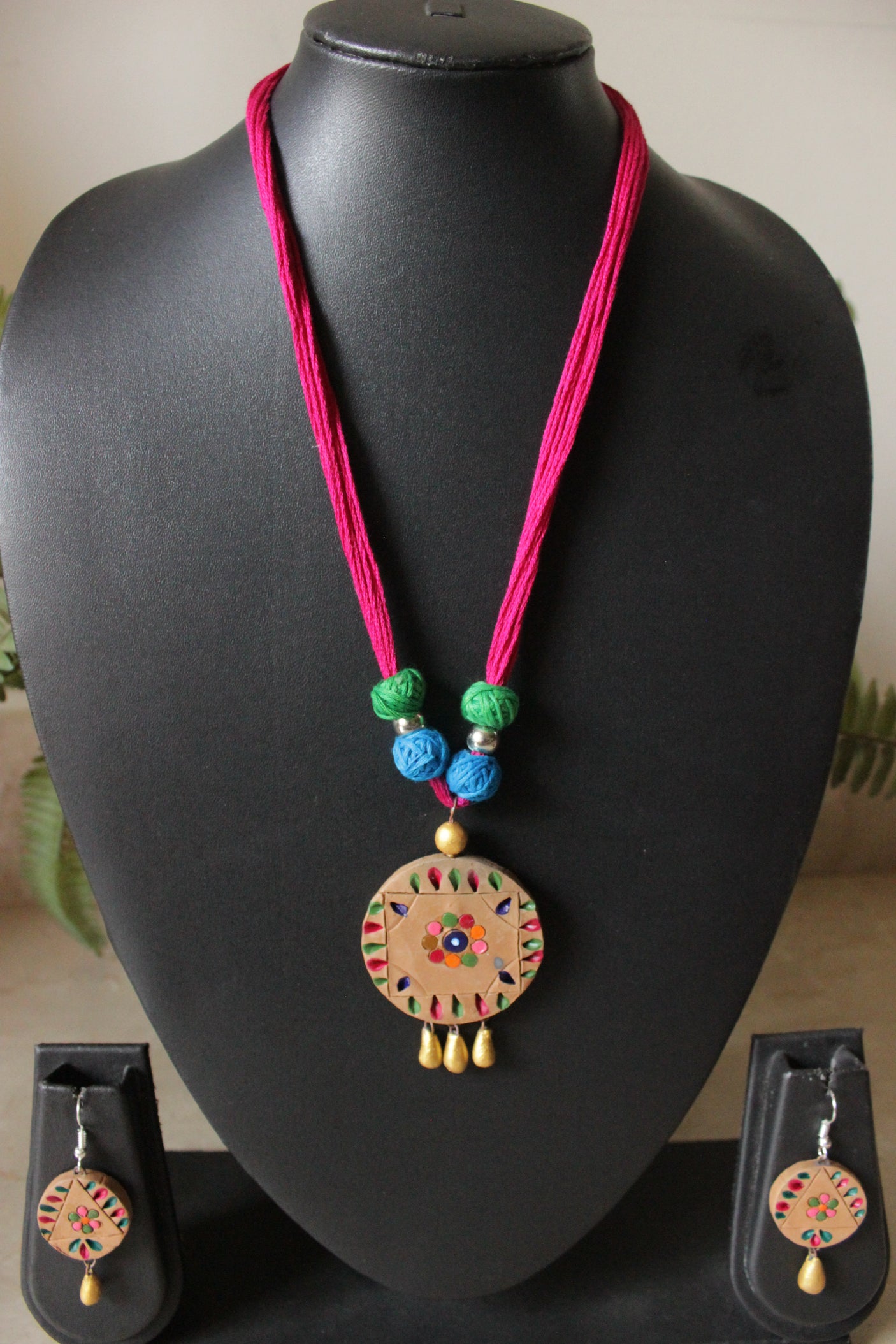 Handcrafted Earthy Brown Terracotta Clay & Fabric Beads Adjustable Length Necklace Set