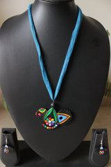Handcrafted Terracotta Clay Bird Pendant Adjustable Length Necklace Set