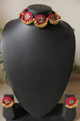 Kundan Stones Embellished Red Fabric Gold Toned Choker Necklace Set