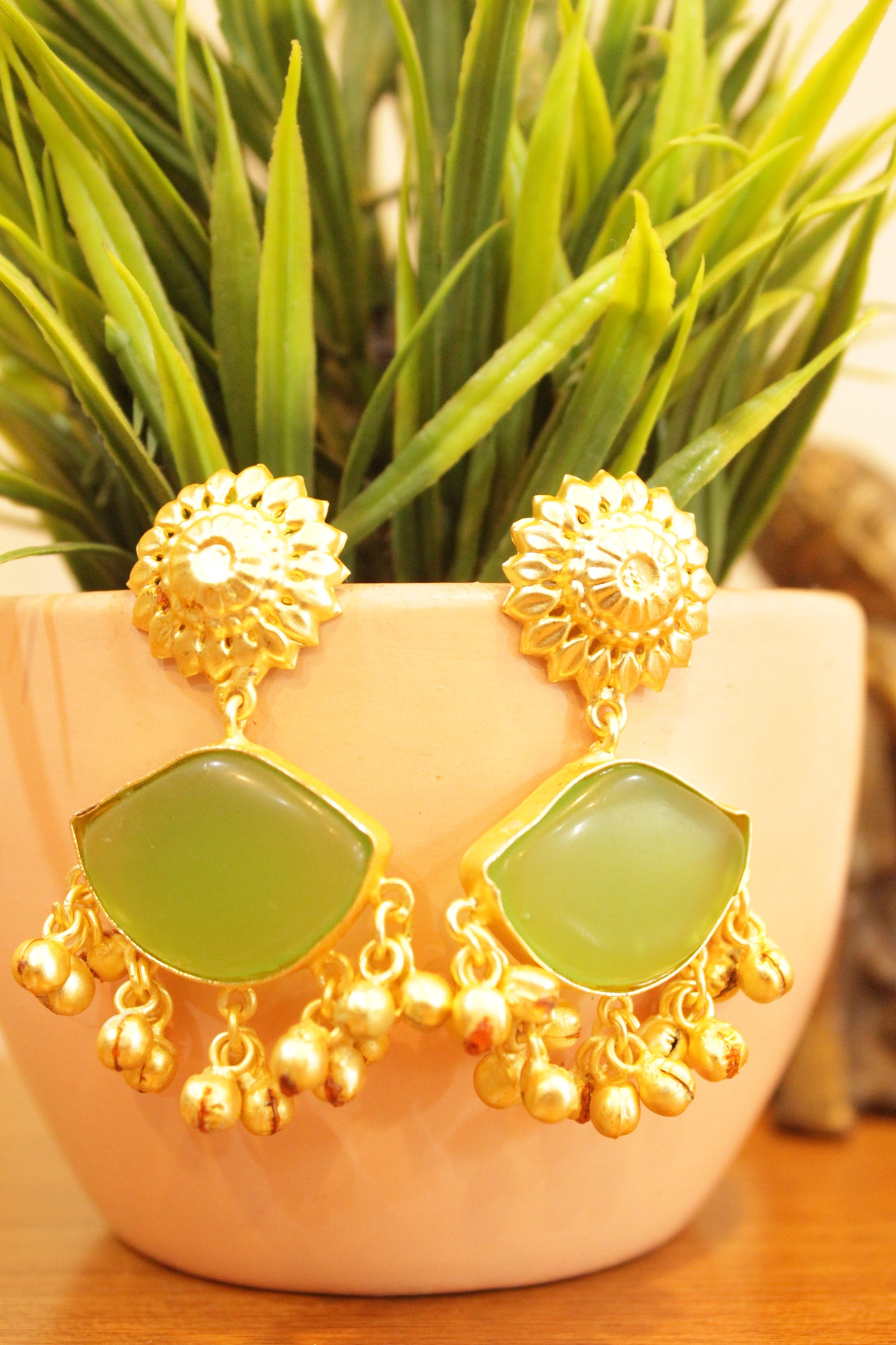 Moss Green Natural Gemstones Embedded Gold Finish Ghungroo Beads Earrings