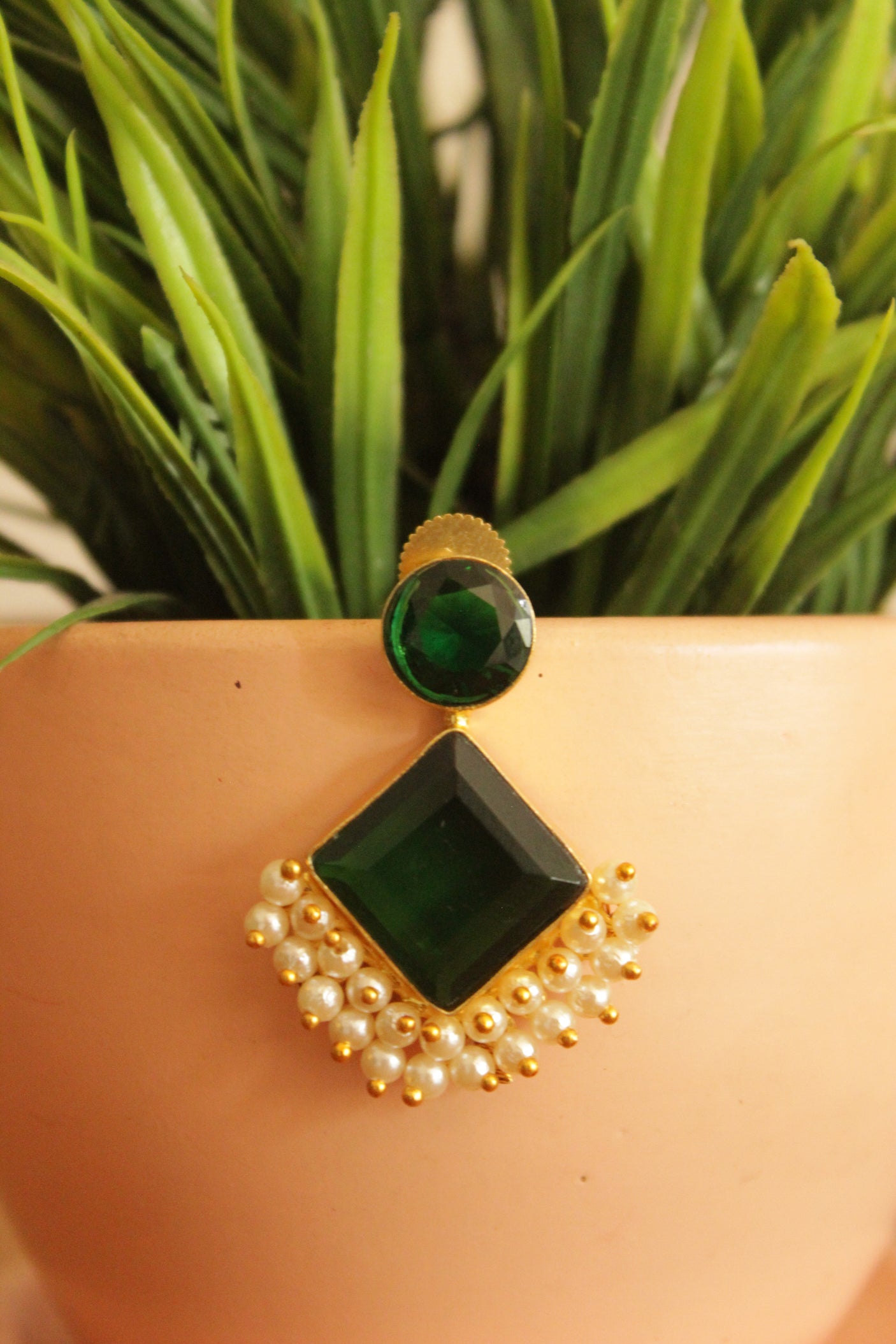 Bottle Green Natural Gemstones Embedded Gold Plated Earrings Embellished with White Beads