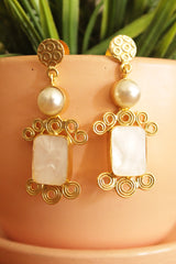 Ivory Natural Gemstones Embedded Gold Plated Earrings Embellished with White Beads