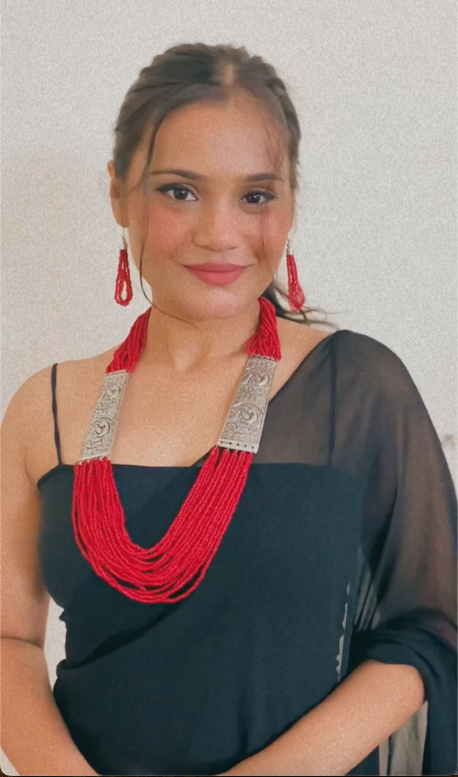 Red Beaded Multi Layered Necklace Set with Metal Detailing