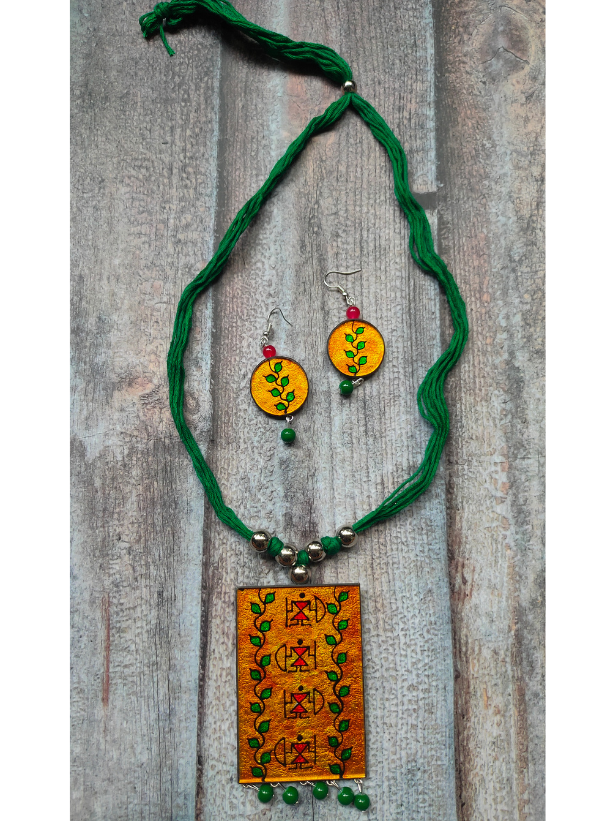 Hand Painted Tribal Motifs on Glass Necklace Set with Thread Closure