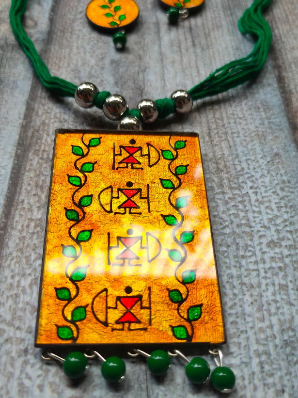 Hand Painted Tribal Motifs on Glass Necklace Set with Thread Closure