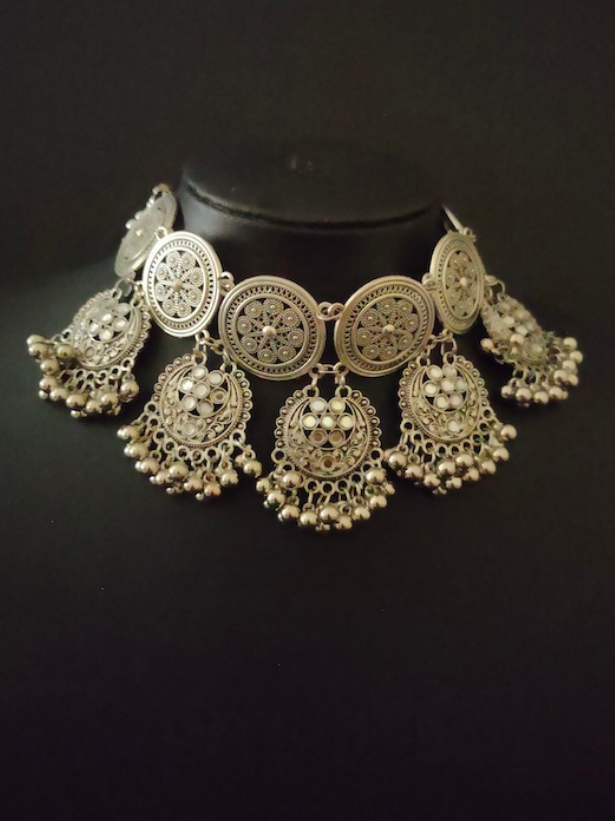 2 Layer Circular Metal Choker Necklace Set with Metal Beads