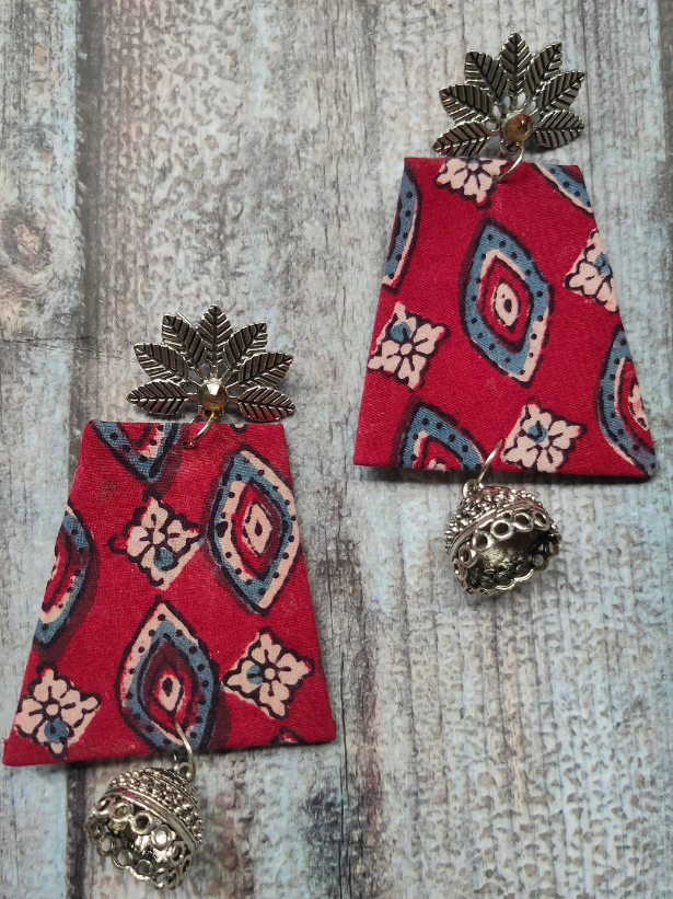 Red Fabric and Metal Dangler Earrings with Jhumka