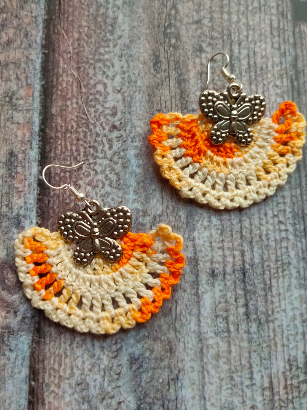 Orange and White Dual Tone Hand Knitted Crochet Earrings