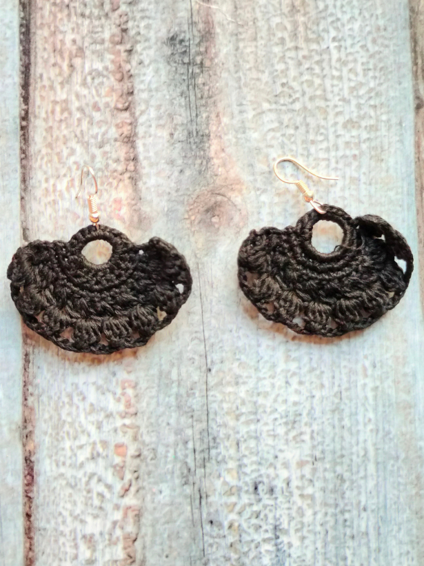 Brownish Black Hand Knitted Crochet Dangler Earrings