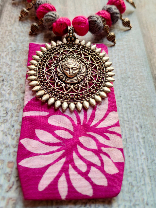 Hand Painted Fabric and Metal Pendant Necklace with Thread Closure
