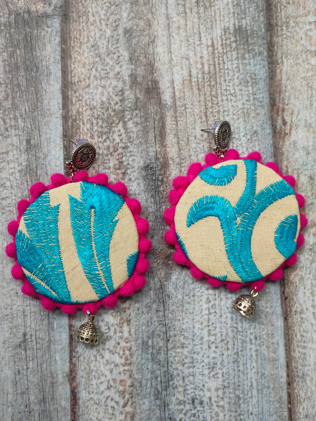 Thread Embroidery Fabric Earrings with Metal Jhumka Danglers