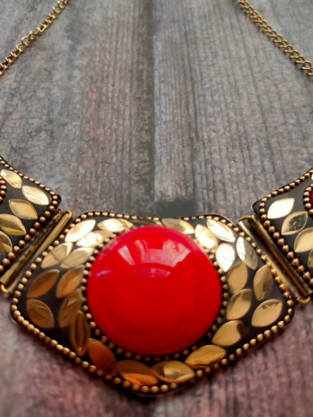 Statement Black Tibetan Necklace with Red Stone