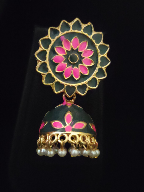 Green and Pink Handpainted Meenakari Jhumkas