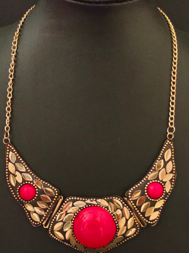 Statement Black Tibetan Necklace with Red Stone