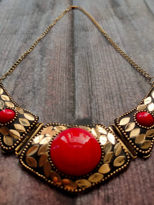 Statement Black Tibetan Necklace with Red Stone