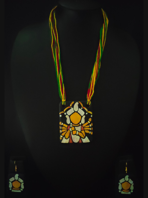 Hand Painted Clay Necklace Set with Religious Motif and Multi-Color Thread Closure