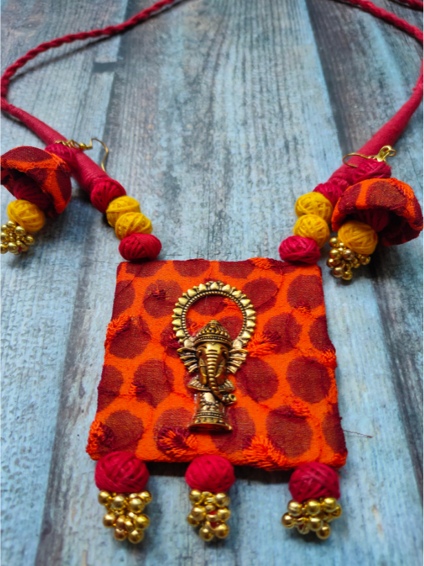 Fabric Necklace Set with Antique Gold Finish Ganesha Motif