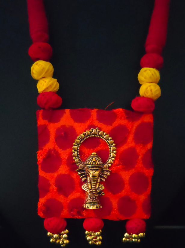 Fabric Necklace Set with Antique Gold Finish Ganesha Motif