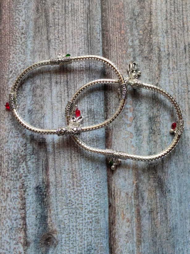 German Silver Anklets With Red & Green Stones Pair of 2