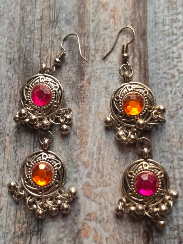 3 Layer Pink and Orange Oxidised Silver Necklace Set with Thread Closure