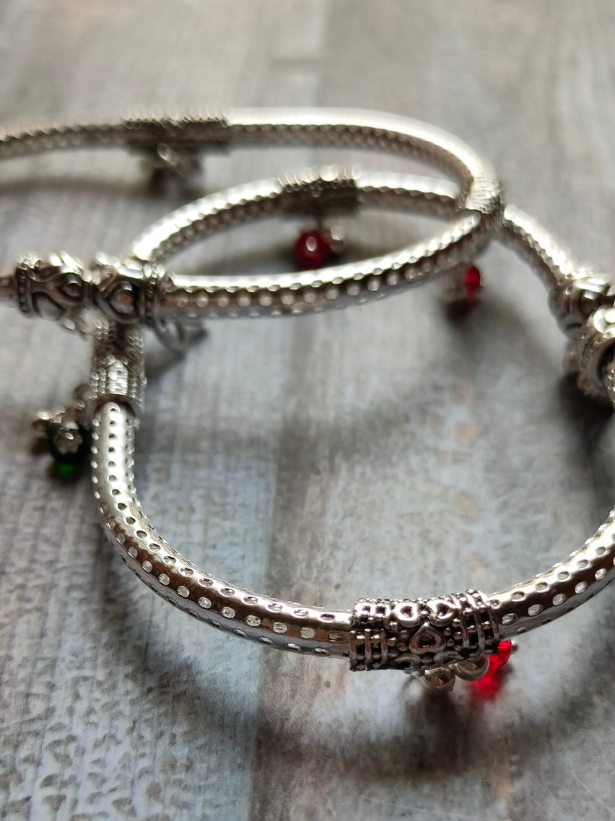 German Silver Anklets With Red & Green Stones Pair of 2