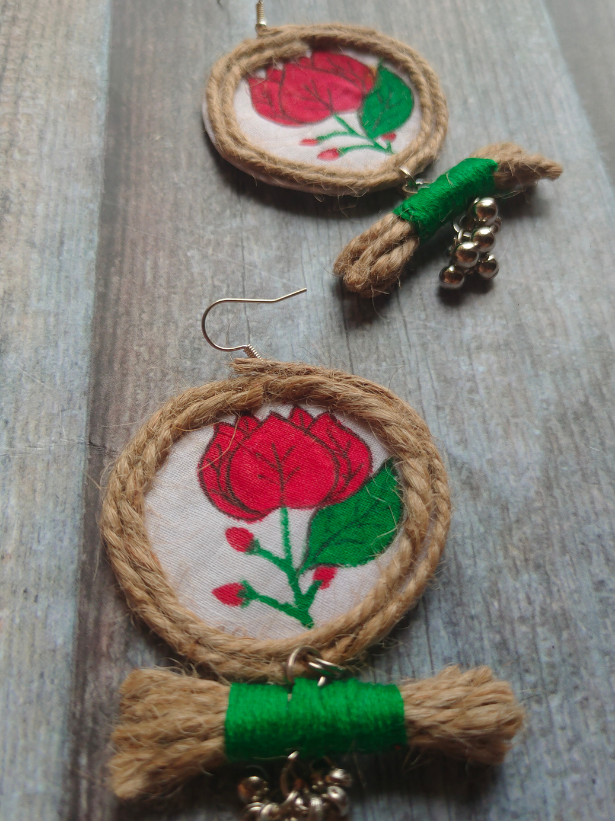 Hand Painted Fabric and Jute Earrings with Metal Beads