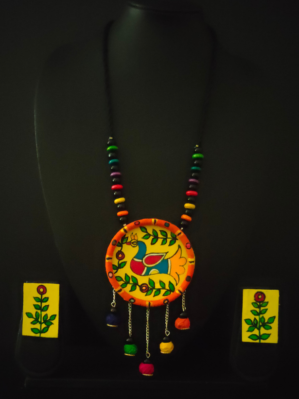 Hand-Painted Peacock on Fabric Necklace Set with Wooden Beads