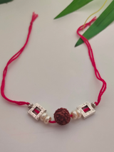 Rudraksha Bead, White Beads and Metal Rakhi with Cotton Thread