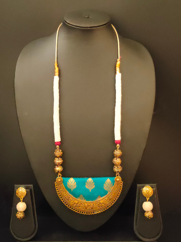 Fabric Necklace Set with Intricate Work Metal Pendant