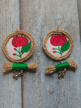 Hand Painted Fabric and Jute Earrings with Metal Beads