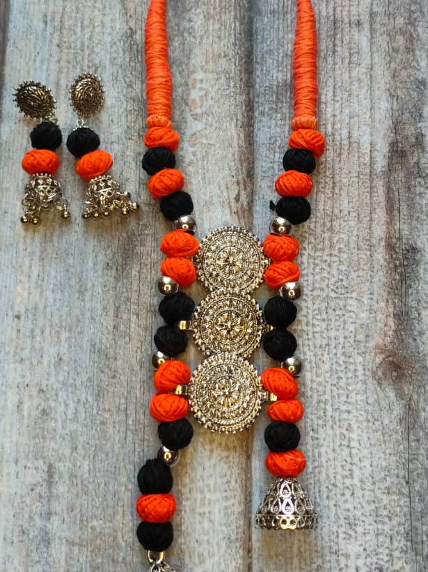 Fabric Beads Metal Work Necklace Set