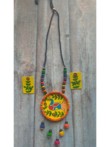 Hand-Painted Peacock on Fabric Necklace Set with Wooden Beads