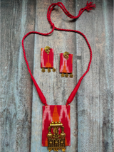 Red Ikat Fabric Necklace Set with Antique Gold Finish Metal Accents