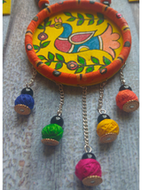 Hand-Painted Peacock on Fabric Necklace Set with Wooden Beads