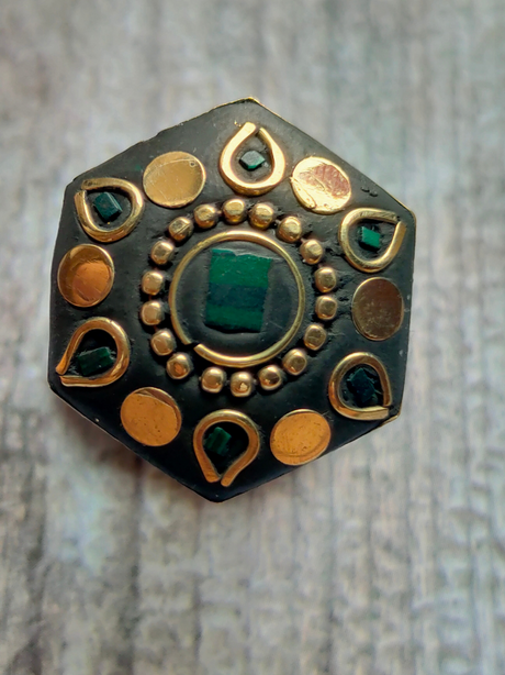 Black and Green Tibetan Ring with Gold Detailing