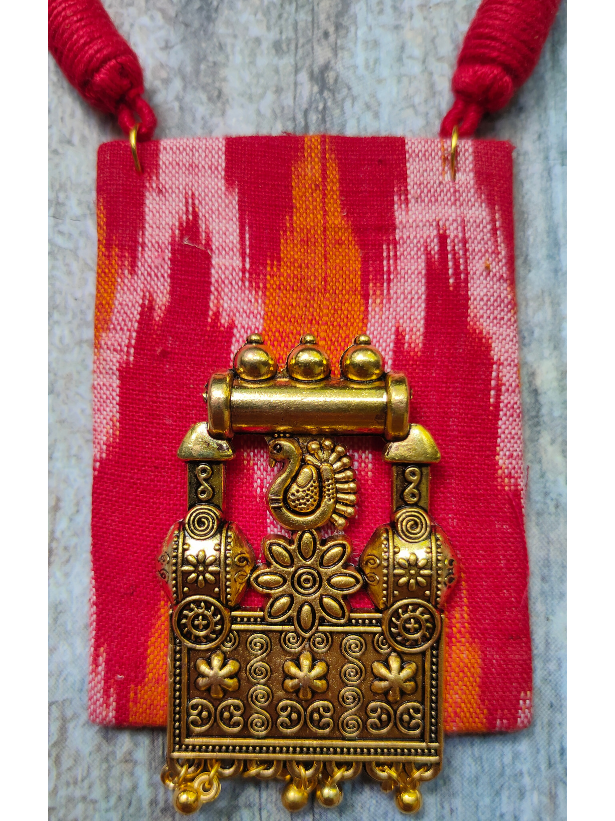 Red Ikat Fabric Necklace Set with Antique Gold Finish Metal Accents