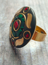 Black, Green and Red Tibetan Ring with Gold Detailing