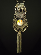 Long Chain Elephant Motif Mirror Work Oxidised Silver Necklace Set