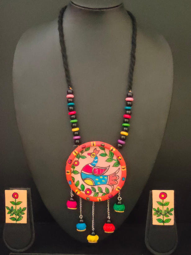 Hand-Painted Peacock on Fabric Necklace Set with Wooden Beads