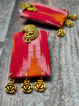 Red Ikat Fabric Necklace Set with Antique Gold Finish Metal Accents